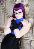 Pale purple haired rubber girl strips 
